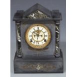 19thC slate mantel clock with Belgian marble type decoration, the Ansonia movement with visible