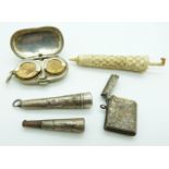 A silver vesta, Birmingham 1902, silver cheroot holder and case, bone needle case in the form of