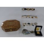 A collection of jewellery and watches including Roamer, Bonheur, a cameo, vintage brooches, coins