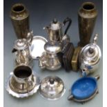 Silver plated ware including a tea ware, pair of Cairo ware vases and a 1914 Christmas tin