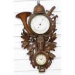 Late 19thC/early 20thC Black Forest barometer, thermometer, clock compendium with carved hunting/