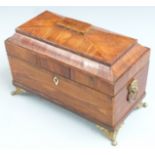 Georgian fruitwood or similar tea caddy with line inlaid and cross banded decoration with gilt metal