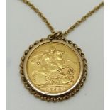 A 9ct gold pendant set with a 1902 gold full sovereign, Perth Mint, on 9ct gold chain, 11.5g