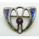 Charles Horner Edwardian silver Art Nouveau brooch set with enamel, Chester 1908