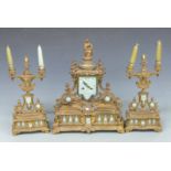 French brass figural clock garniture with enamelled decoration, 43cm tall