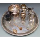 Circular silver plated tray, diameter 37cm, small trophy cups, plated bowl etc