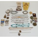 Collection of costume jewellery including silver pocket watches, vintage diamanté necklaces, vintage