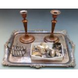 Large twin handled silver plated tray, length 62cm, pair of candlesticks, cutlery etc