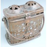 17th/18thC continental copper tantalus with wrought iron handle, pierced and engraved decoration and