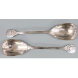George V Arts and Crafts or Art Deco cased pair of hallmarked silver serving spoons with stepped