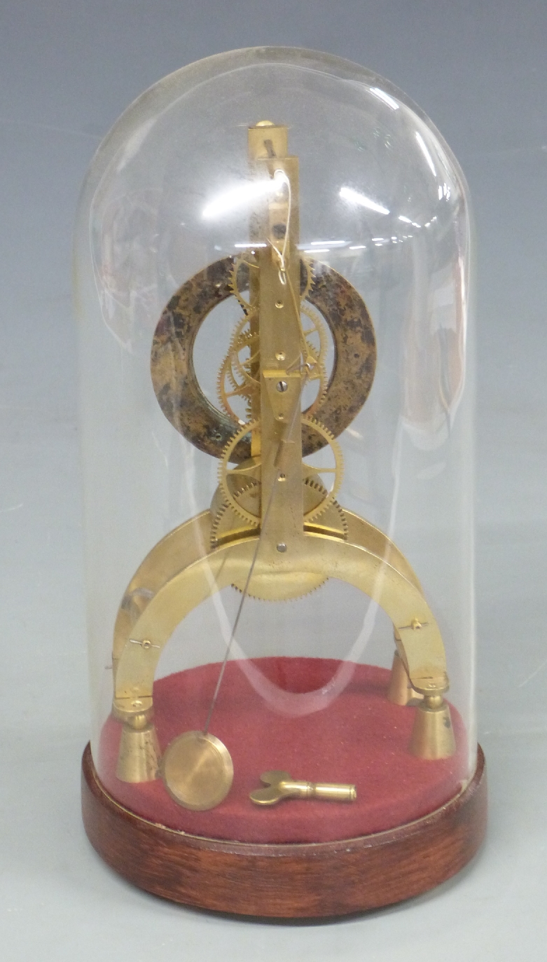 Late 19th/early 20thC skeleton clock under glass dome, with Roman numerals to silvered chapter ring, - Image 3 of 3