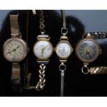 Four ladies wristwatches comprising three 9ct gold and one gold plated.