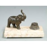 Art Deco bronze figural elephant and marble standish/inkwell, W20 D12 H13cm