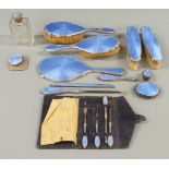 Art Deco Mappin & Webb hallmarked silver and blue guilloché enamel dressing table and manicure set