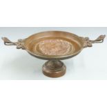 19th/20thC French bronze twin handled tazza with classical Greek/Roman court scene in relief,