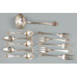 A quantity of German white metal cutlery marked 800 comprising five cake forks and ladle together