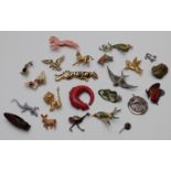 A collection of brooches including enamel and marcasite horse, lizard, enamel frog, Sphinx horse,