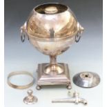 19thC Old Sheffield plate samovar of globe shape with twin loop handles, on square base raised on