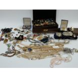 A collection of costume jewellery including silver necklace, Mappin and Webb watch, 9ct gold St