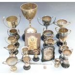 A quantity of various silver plated trophies and awards, height of tallest 26cm, Victorian