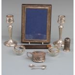 Hallmarked silver photograph frame to suit 6 x 4 inch photo, pair of hallmarked silver candlesticks,