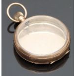 9ct gold keyless winding open faced pocket watch case, 49mm in diameter, 25.8g.