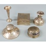 Hallmarked silver capstan inkwell, diameter 10.5cm, hallmarked silver spill vase, cigarette box,