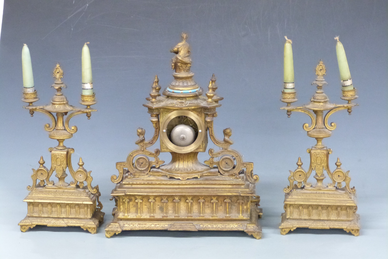 French brass figural clock garniture with enamelled decoration, 43cm tall - Image 3 of 3