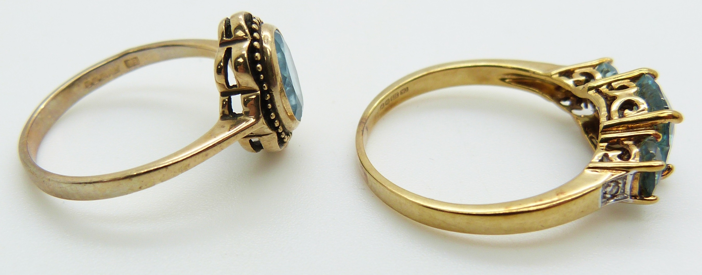 Two 9ct gold rings set with blue topaz, 5g - Image 3 of 3