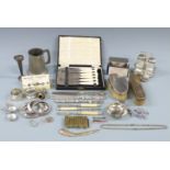 A quantity of silver and plated items including Hukin and Heath Art Deco cruet stand, two hallmarked