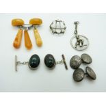 A white metal and amber brooch, a pair of silver cufflinks set with agate, a pair of Victorian