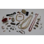 A collection of costume jewellery including silver brooches, enamel brooch, shell purse, Art Deco