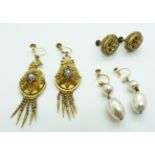 Two pairs of Victorian earrings and a pair of 9ct gold earrings set with faux pearls