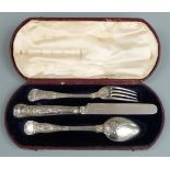 Cased Victorian hallmarked silver presentation knife, fork and spoon set, London 1849/1852, weight