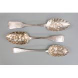 Three various hallmarked silver berry spoons comprising Dublin 1809, Exeter 1835 and Birmingham