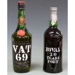 Quinta do Noval 20 year old bottle of Port, bottled in 1980, 750ml and VAT 69 Scotch whisky, 750ml.