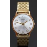 Majex 9ct gold gentleman's wristwatch with gold hands and Arabic numerals, silver dial and 17