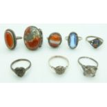 Eight silver rings including agate and marcasite set examples