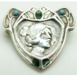 Charles Horner Art Nouveau silver and enamel brooch depicting a lady, Chester 1903