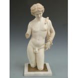 Classical style carved marble/alabaster nude male head and torso, on a brass and marble stand, H53cm