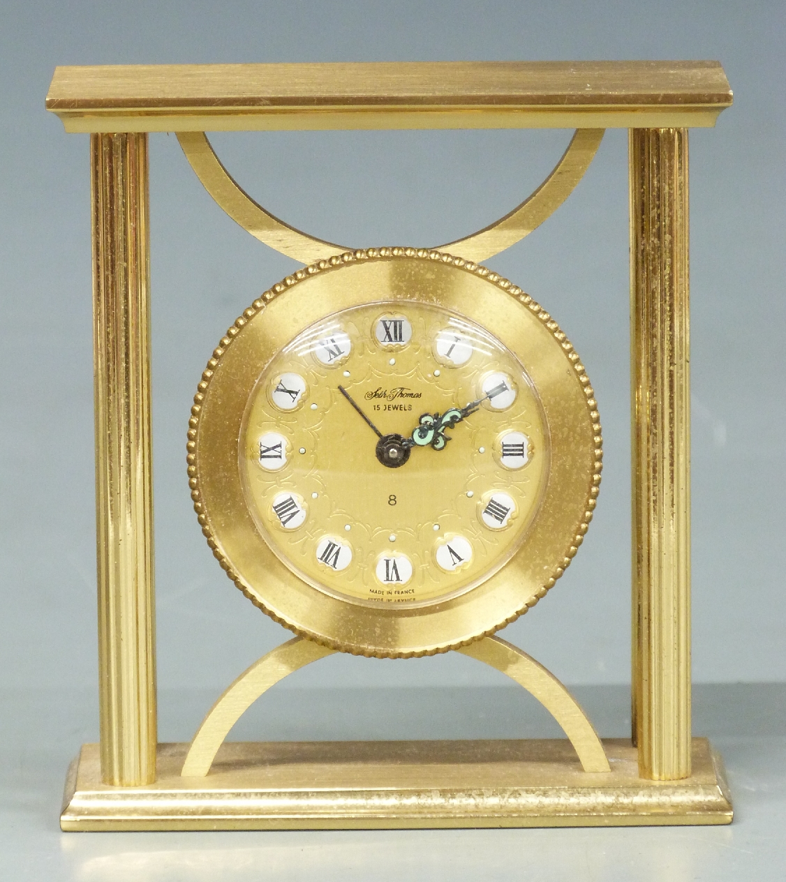 Seth Thomas French-made brass cased boudoir alarm clock, the gilt dial with Roman cartouche figures, - Image 2 of 4