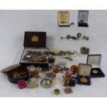 A collection of costume jewellery including silver rings, silver gilt clover brooch, Miracle