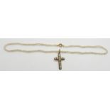 Victorian rose gold cross pendant set with split pearls on a seed pearl necklace, with 9ct gold