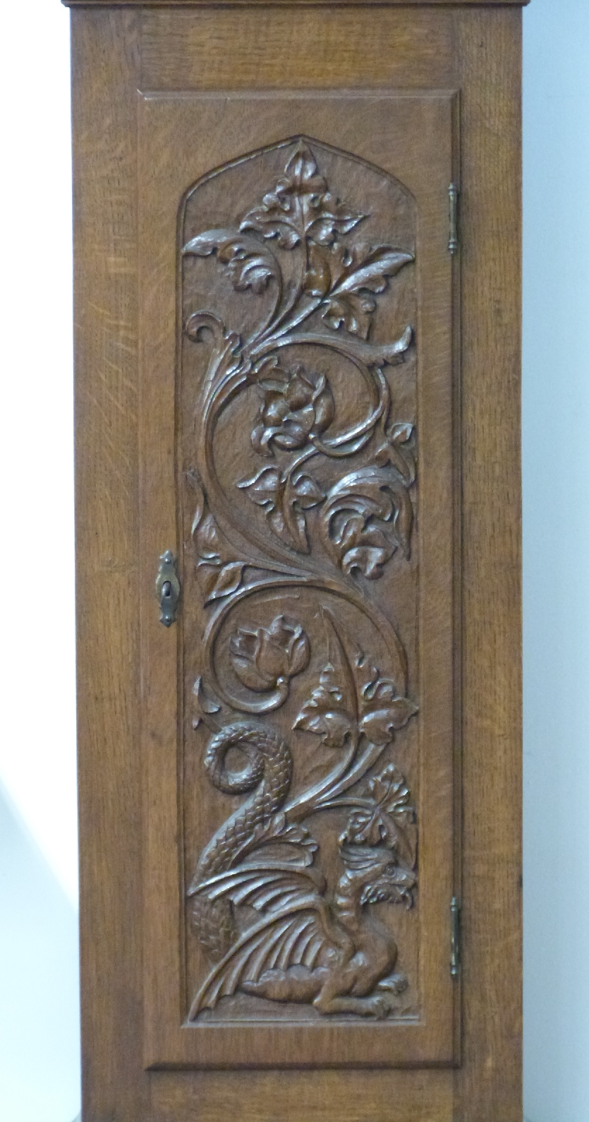 A 19thC English oak 8-day duration longcase clock with carved decoration, the silvered Roman - Image 3 of 3