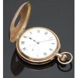 9ct gold keyless winding half hunter pocket watch with inset subsidiary seconds dial, blued hands,