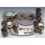 Plated ware including a heavy circular salver, diameter 38cm, dish, tankards, pair of chambersticks,