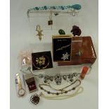 A collection of jewellery including Stratton compact, silver chains, Japanese lacquer box etc