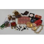 A collection of jewellery etc including compacts, beads, amethyst stone etc
