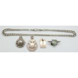 A silver Albert fob chain, silver ingot, fob, Leicestershire Aero Club and Royal Marines brooches