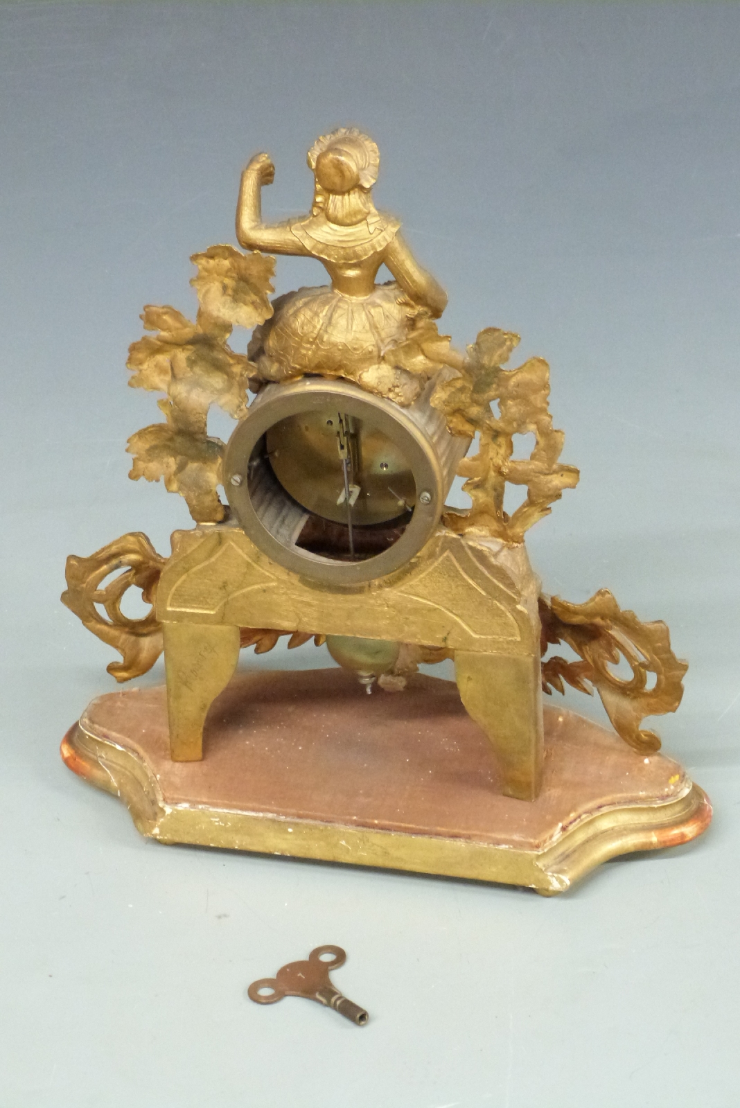 19thC French figural mantel clock, the Roman enamel dial with Breguet hands, the single train - Image 3 of 3